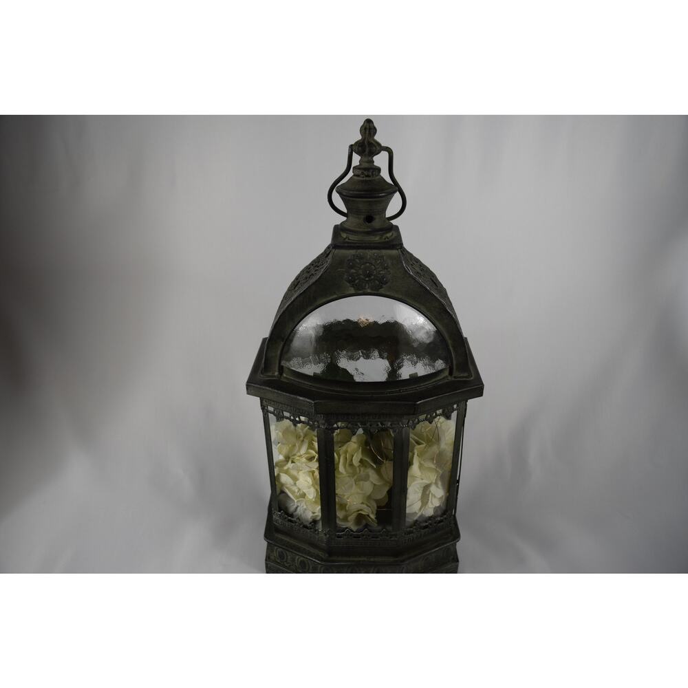 ​Ornate Vintage-Style Metal Lantern with Dome Top & Glass Panels
